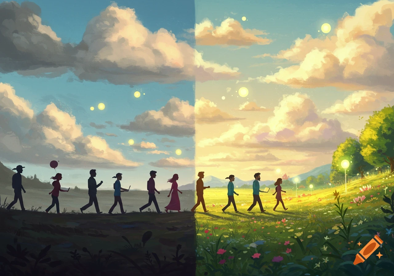 A line of people walking from a dark, shadowed landscape into a bright, vibrant meadow with glowing orbs, digital illustration.