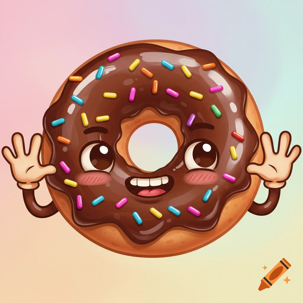 A cartoon donut with chocolate frosting and colorful sprinkles, blushing with a happy expression and waving its hands on a soft gradient background.