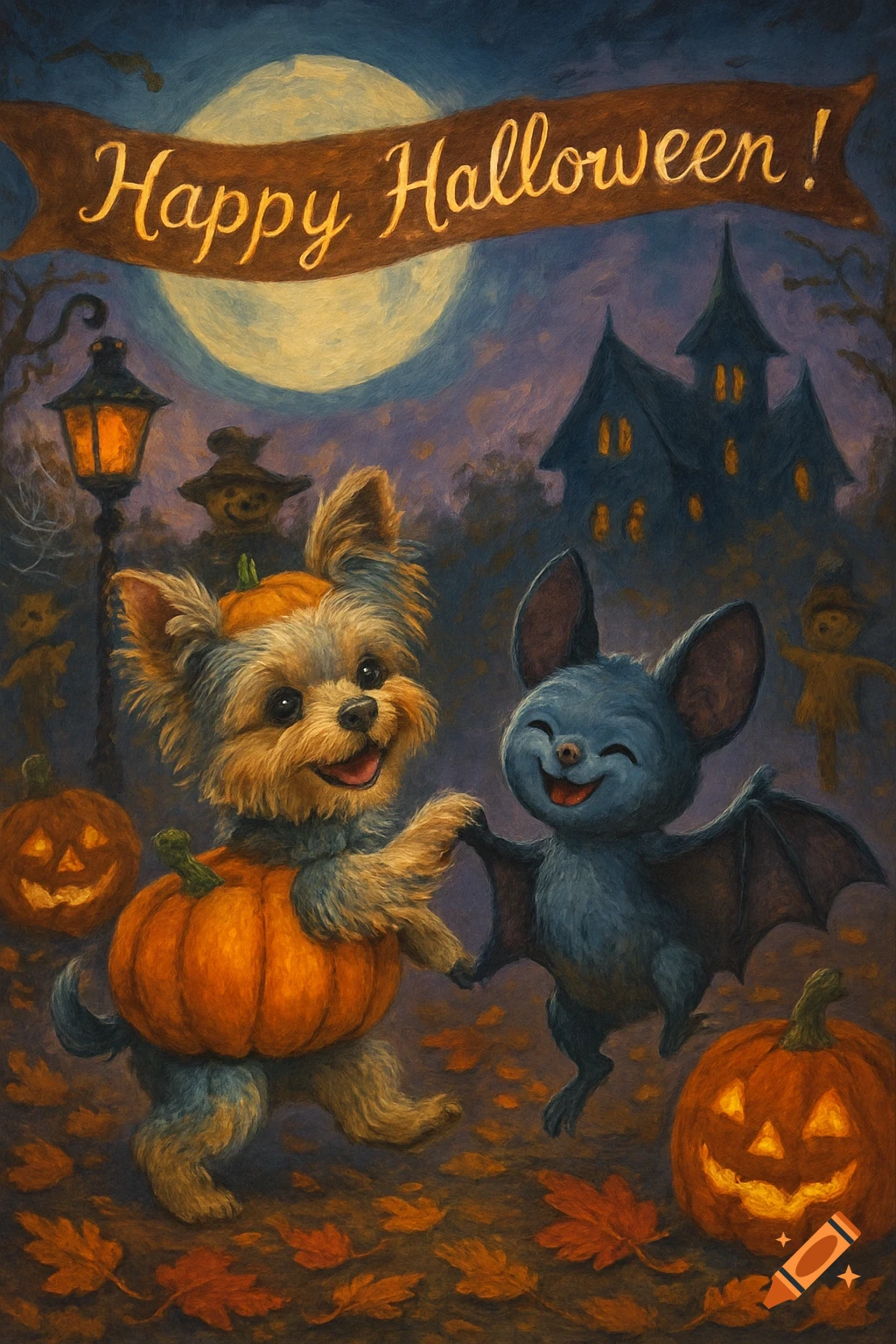Oil painting of a cute dog in a pumpkin costume and a bat dancing under a full moon, with a "Happy Halloween!" banner.