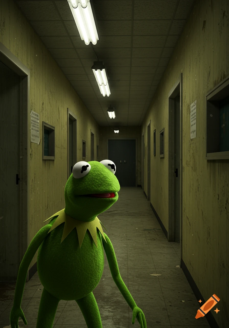 Photorealistic Kermit the Frog looks over his shoulder in a dimly lit, grungy, endless hallway.