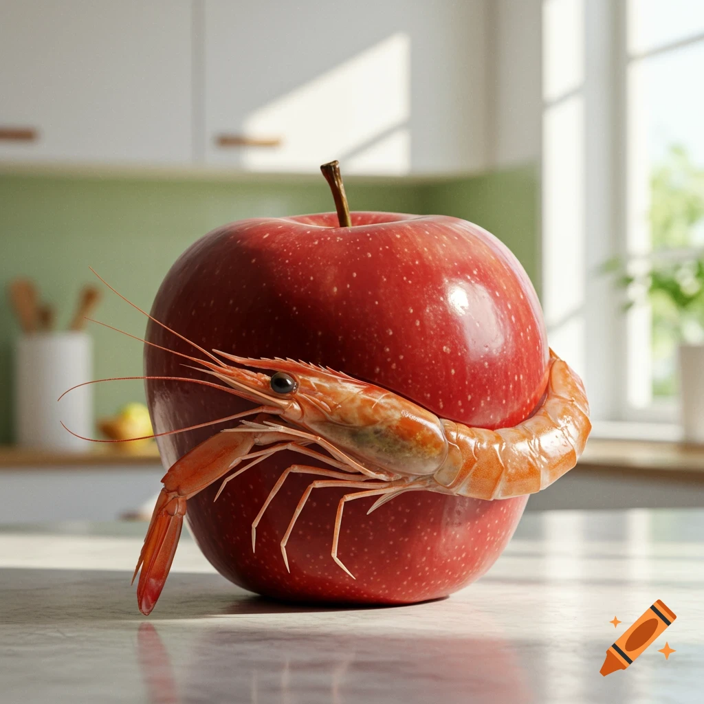 Photorealistic image of a red apple with a cooked shrimp wrapped around it on a kitchen counter.