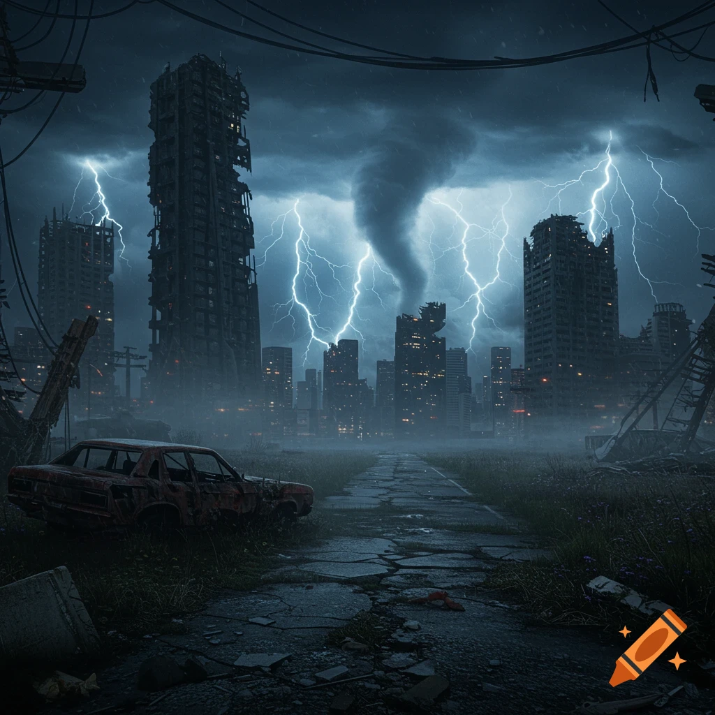 A dark, stormy post-apocalyptic cityscape with a tornado, lightning, and dilapidated buildings, with a rusted car on a broken road.