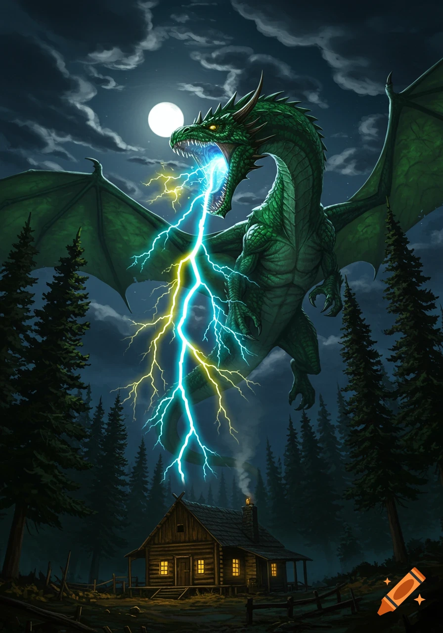 Green dragon breathing blue and yellow lightning over a rustic wooden cabin in a dark pine forest at night, digital art.