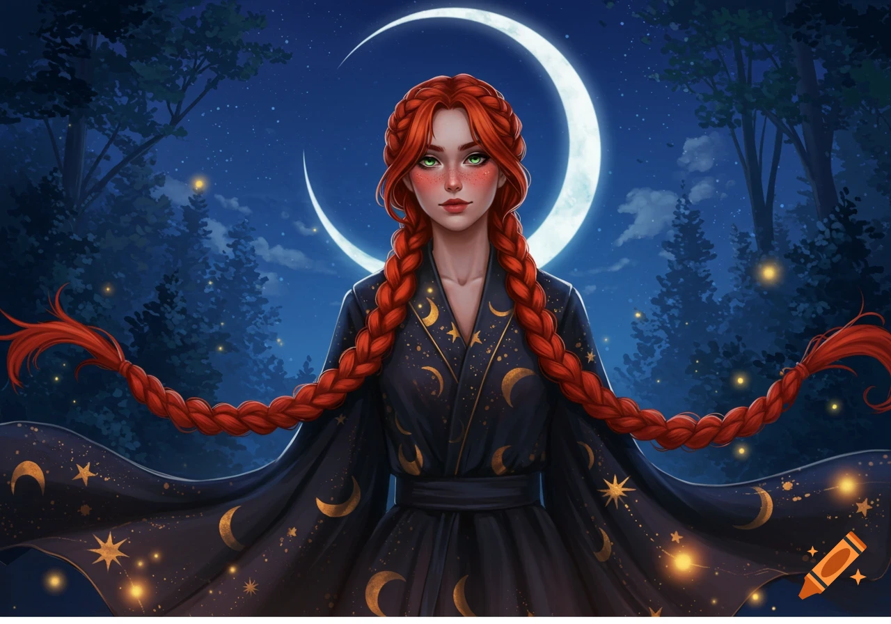 A red-haired witch with long braids and green eyes wears a dark robe with golden celestial patterns under a crescent moon in a magical night forest.