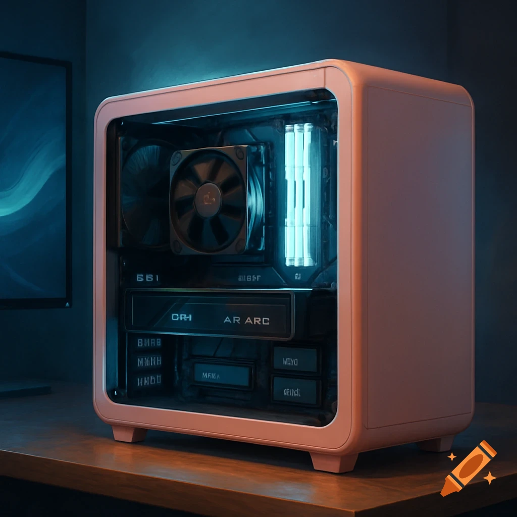 A close-up, photorealistic shot of a compact peach-colored PC case with a clear side panel revealing internal components glowing blue.