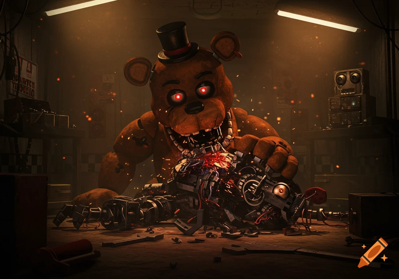A large, brown Freddy Fazbear animatronic with glowing red eyes tears apart another robot in a dimly lit, grungy workshop.