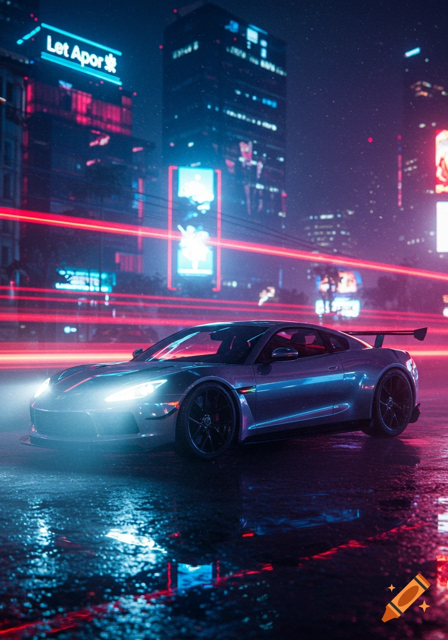 A futuristic silver sports car with glowing headlights parked on a wet street in a neon-lit city at night, with red light trails.