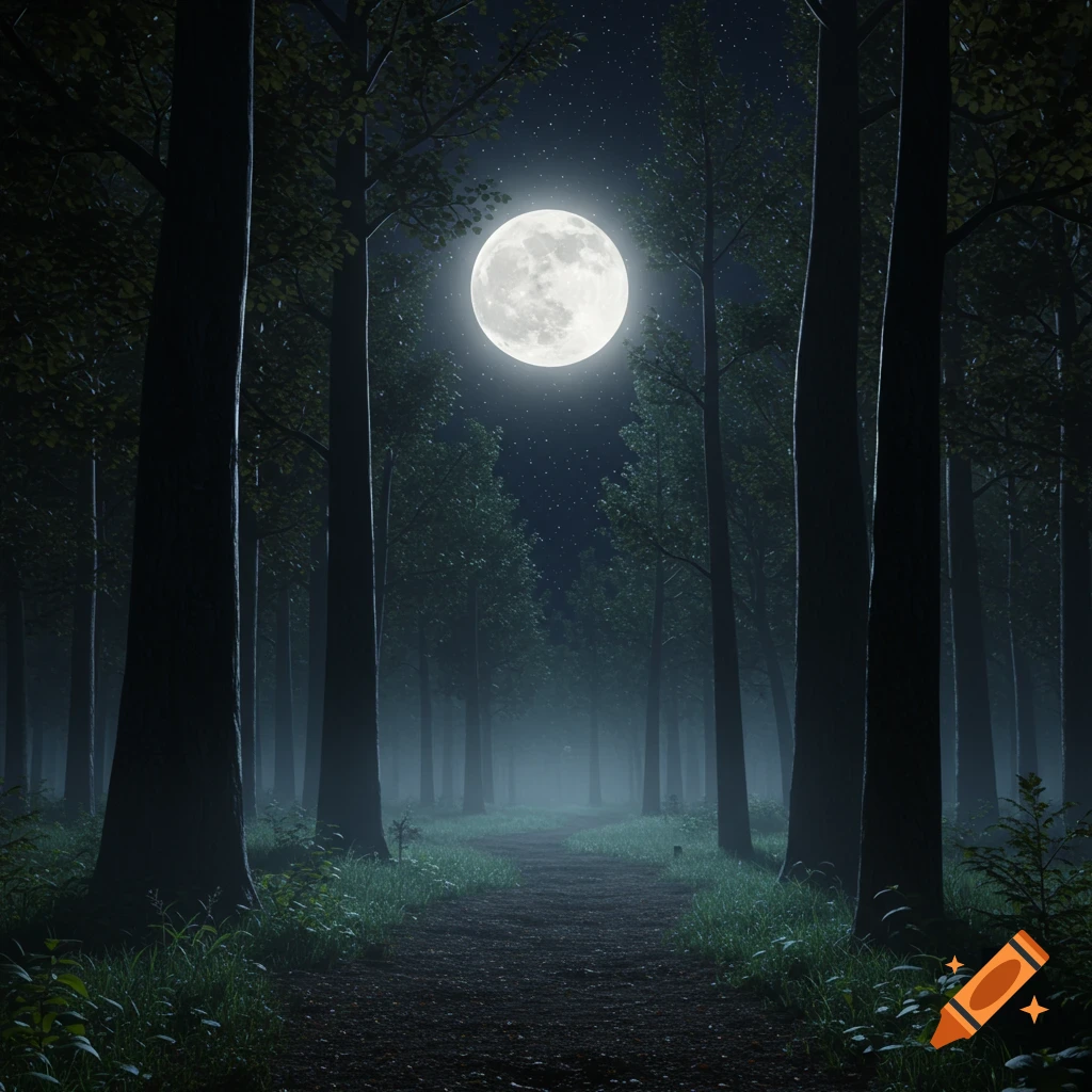 A realistic, cinematic view of a narrow path winding through a dark forest at night, illuminated by a bright full moon.