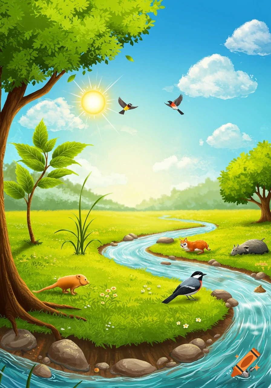 Vibrant cartoon landscape with a winding river, green trees, a bright sun, and various animals including birds, a fox, and rodents.