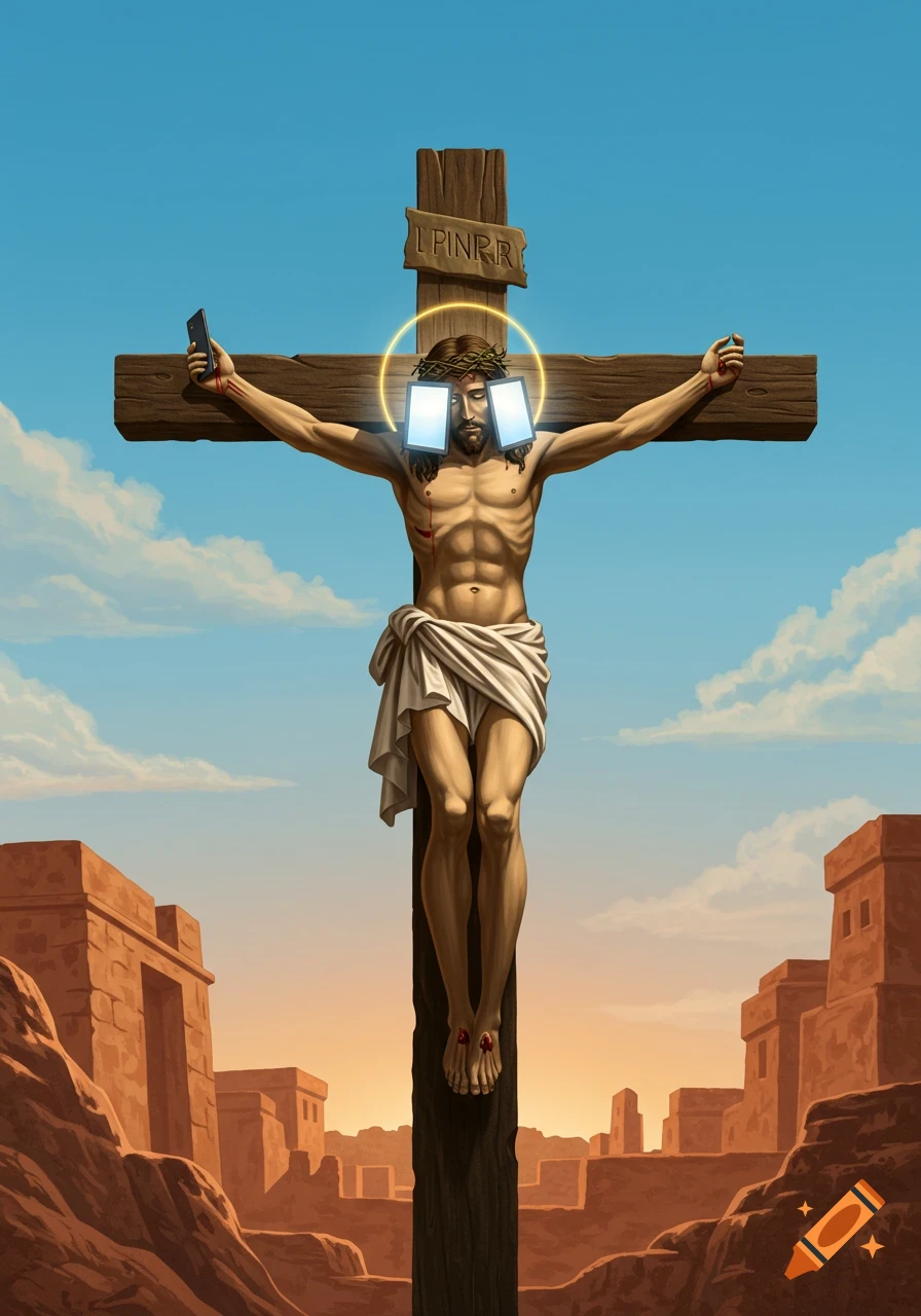 Illustration of Jesus on the cross with smartphones covering his eyes, holding one phone, against a blue sky and desert landscape.
