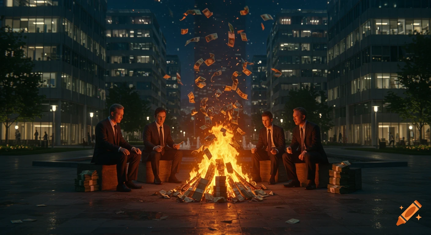 Four businessmen sit around a large campfire of burning money in an urban office park at night, with more money flying.