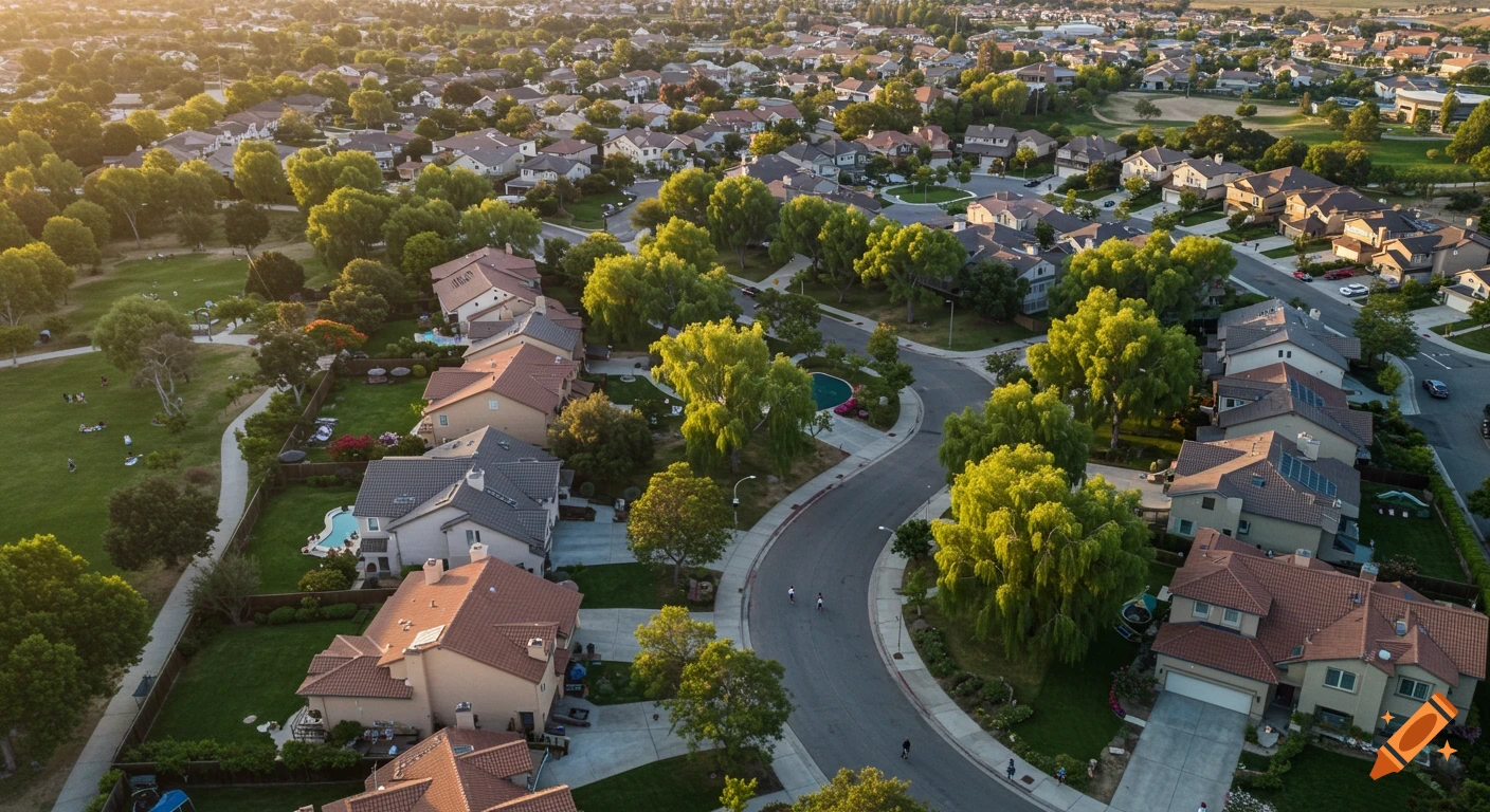 Aerial view of a sunny suburban neighborhood with houses, green trees, winding roads, and a park, bathed in golden hour light.