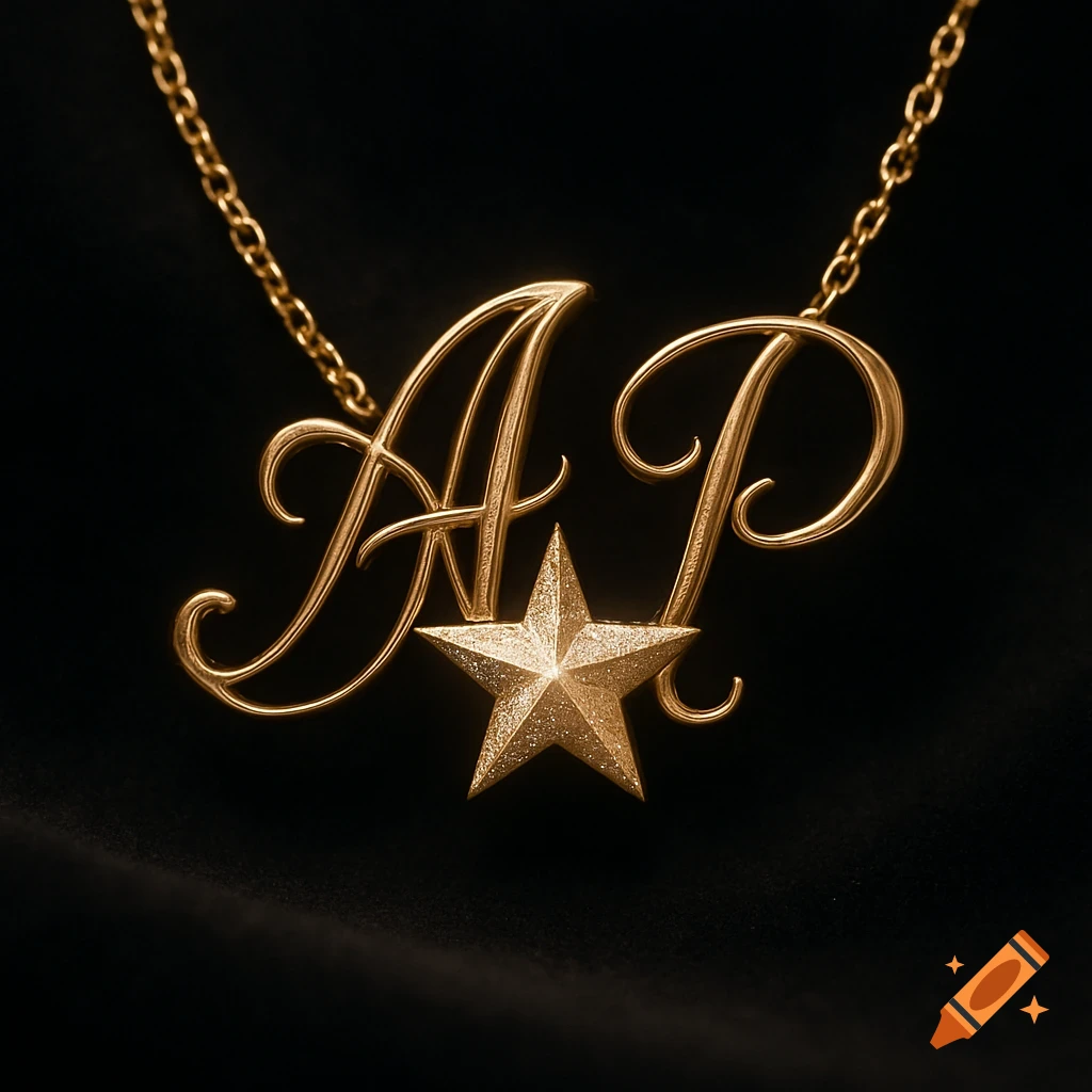 A close-up of a delicate gold necklace with intertwined 'A' and 'P' initials and a sparkling star pendant on a dark background.