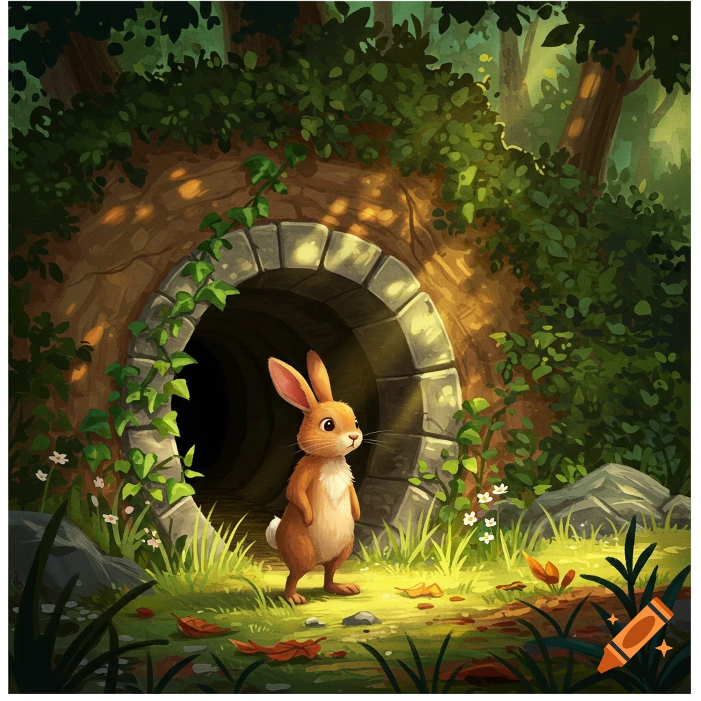A cute brown rabbit stands outside a stone tunnel entrance in a lush, green, sun-dappled forest in an illustrated style.