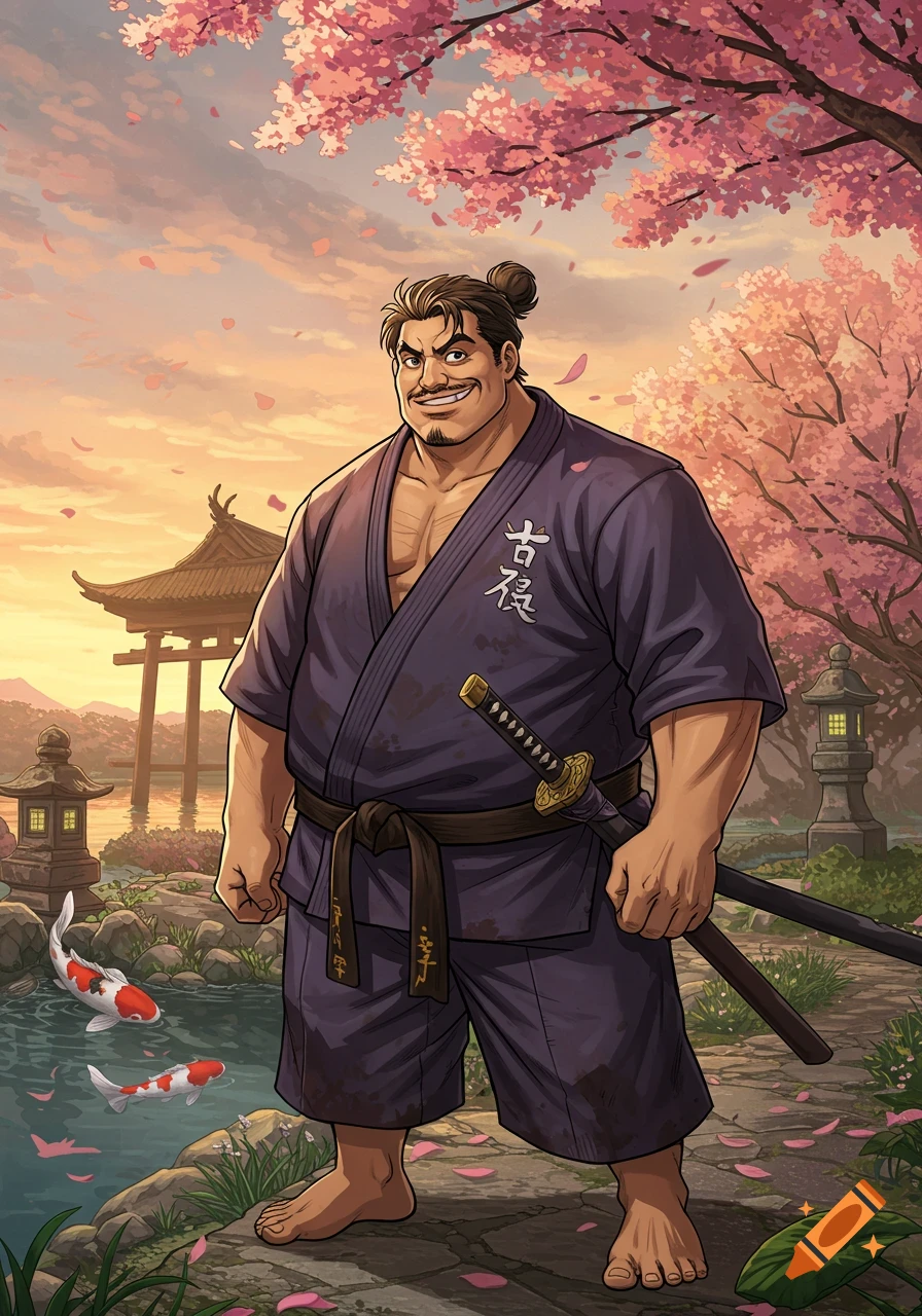 A muscular man with a topknot and goatee, wearing a purple kimono and holding a katana, smiles in a traditional Japanese garden with cherry blossoms and koi pond at sunset.
