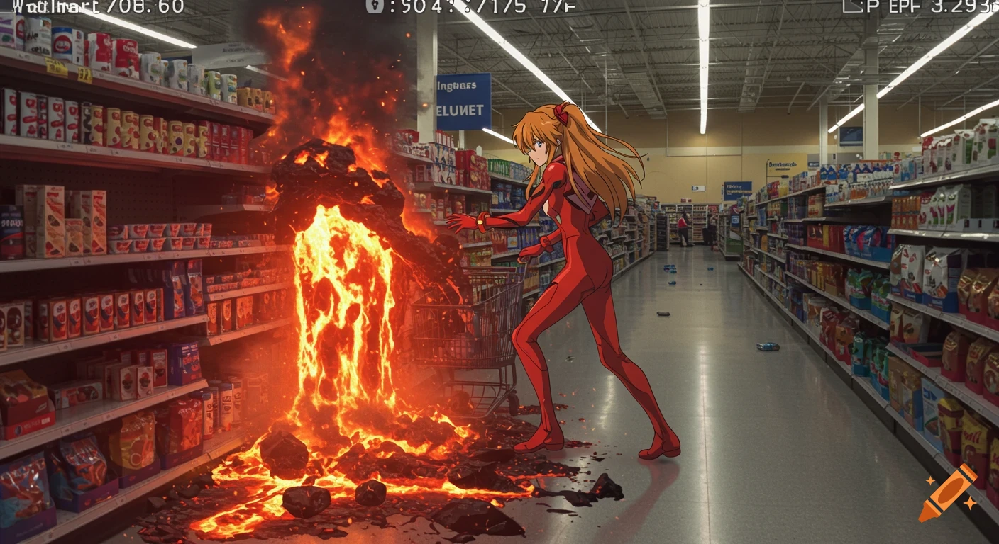 Asuka Langley Soryu from Evangelion in a red plugsuit stands in a Walmart aisle as a large stream of lava erupts from a shopping cart, flowing onto the floor.