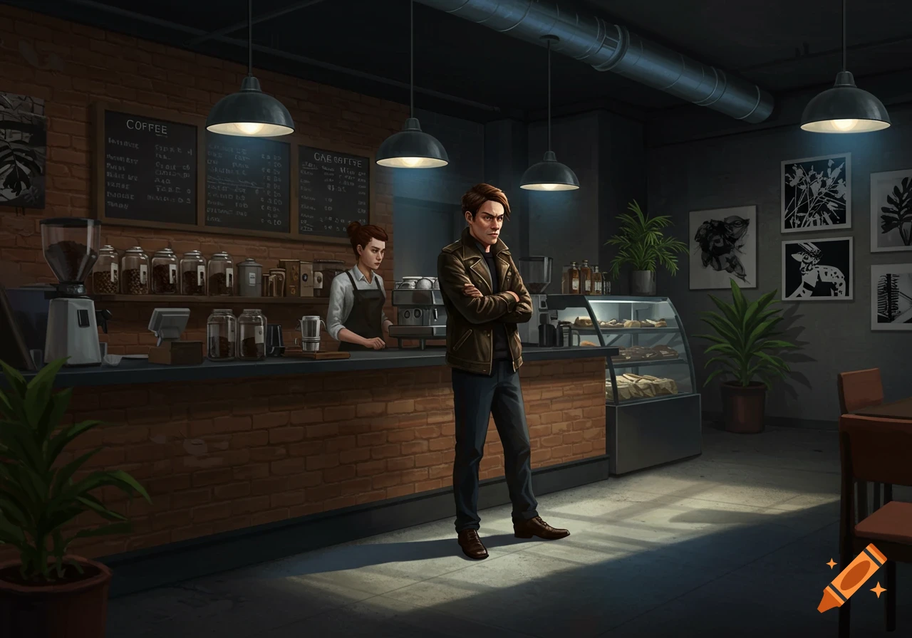 A digital illustration of an unhappy man (customer) with crossed arms in a dimly lit coffee shop, while a barista works behind the counter.