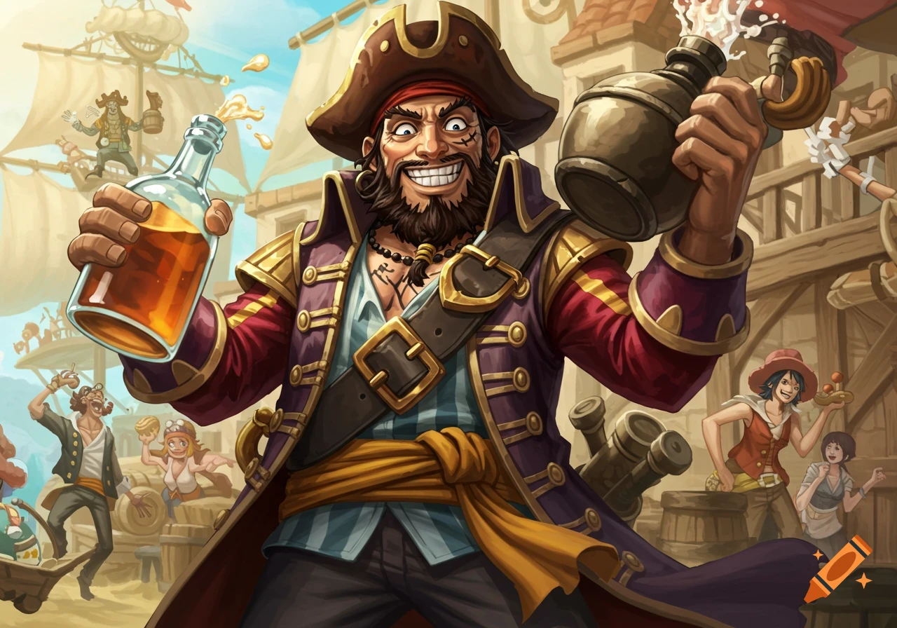A cheerful, tipsy cartoon pirate in a port town raises a bottle of alcohol and a frothy tankard, surrounded by other merry characters.