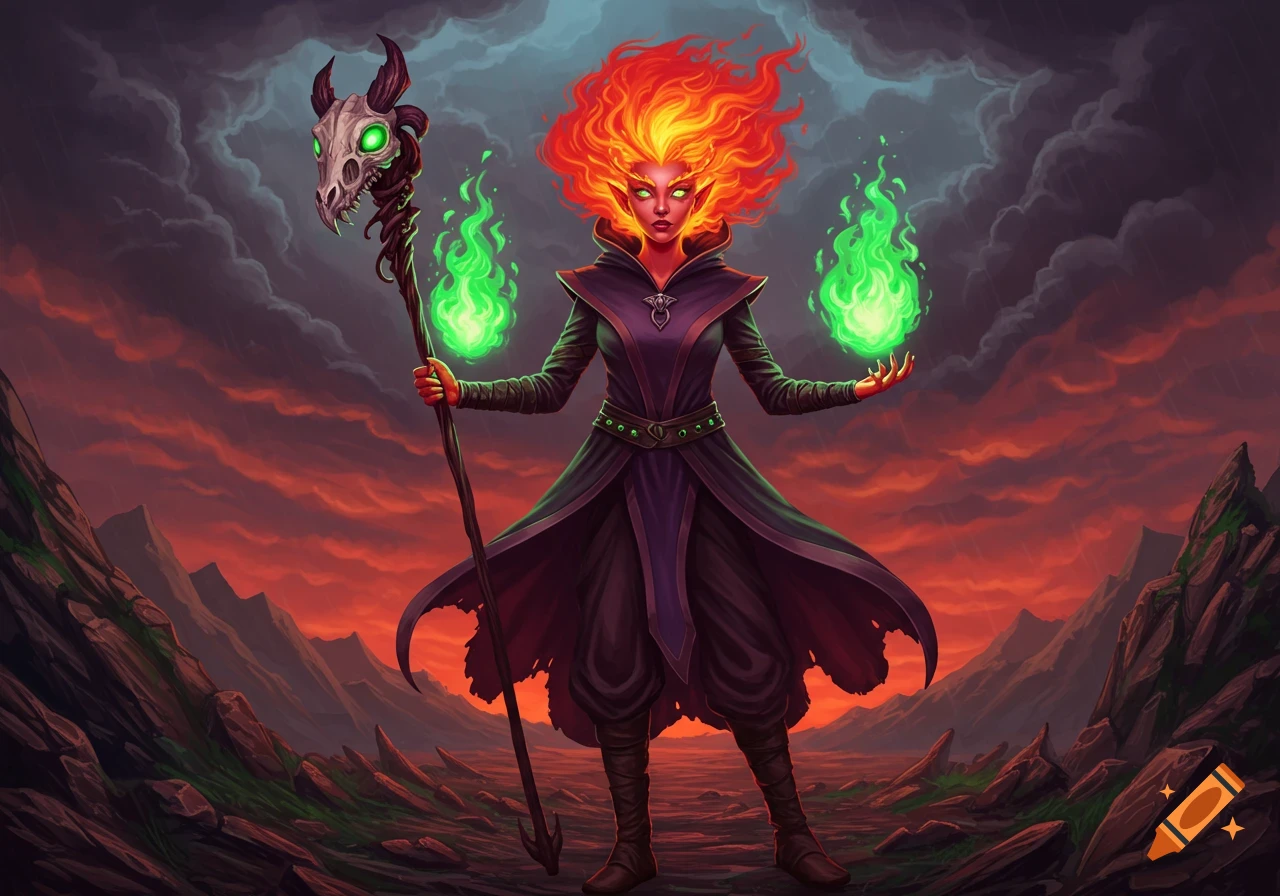 A fire genasi with fiery red hair, red skin, and pointed ears stands in a stormy landscape, holding a skull staff and green magic.