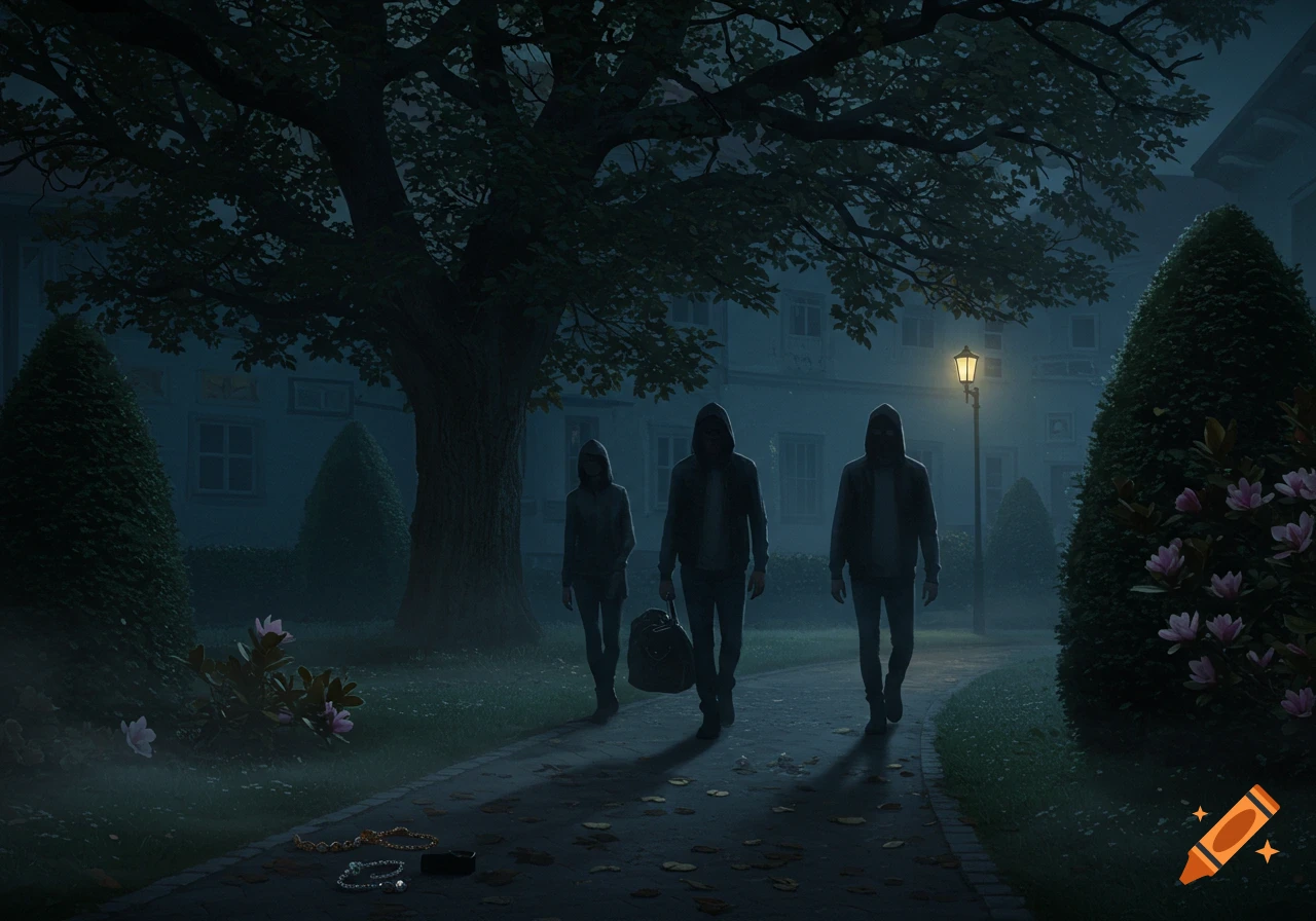 Three hooded figures walk down a dark path at night, illuminated by a streetlamp, with jewelry on the ground.