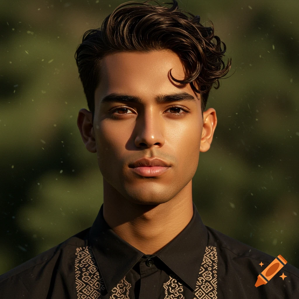 A photorealistic portrait of a young man with dark, wavy hair, wearing a black shirt with embroidered patterns, against a green background.