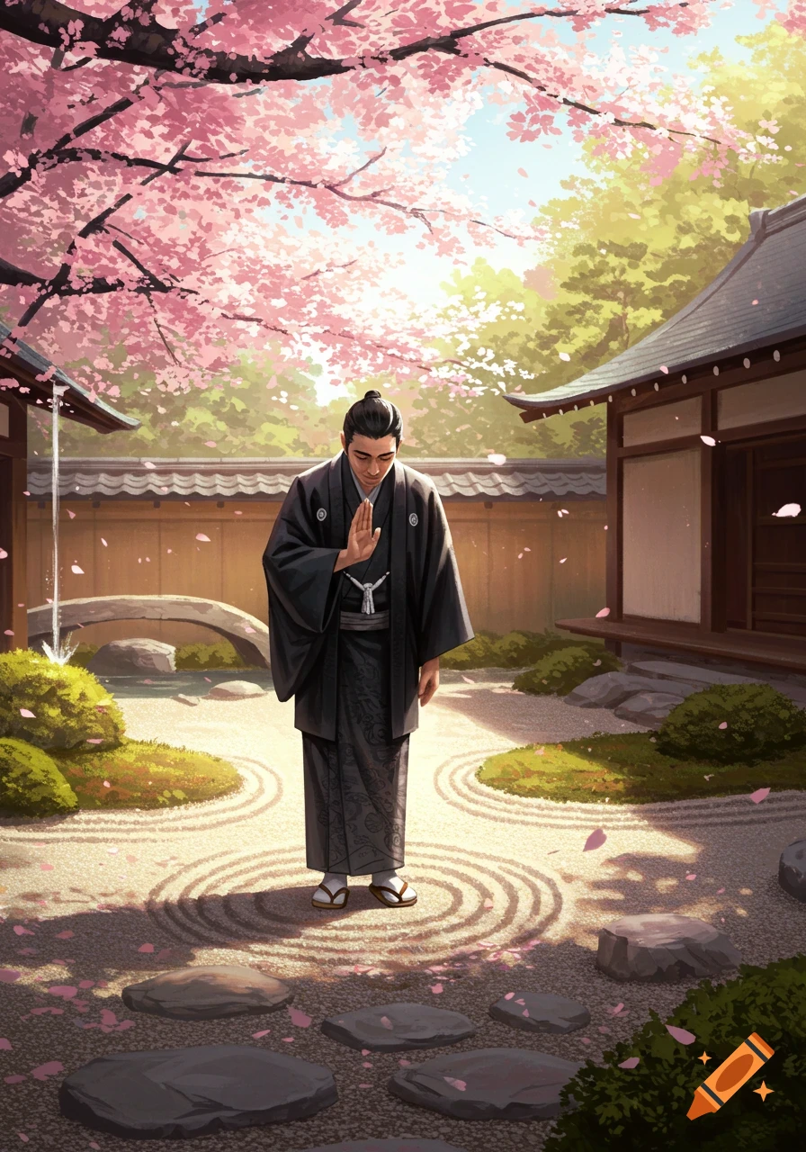 A Japanese man in a black kimono bows respectfully in a serene cherry blossom garden.