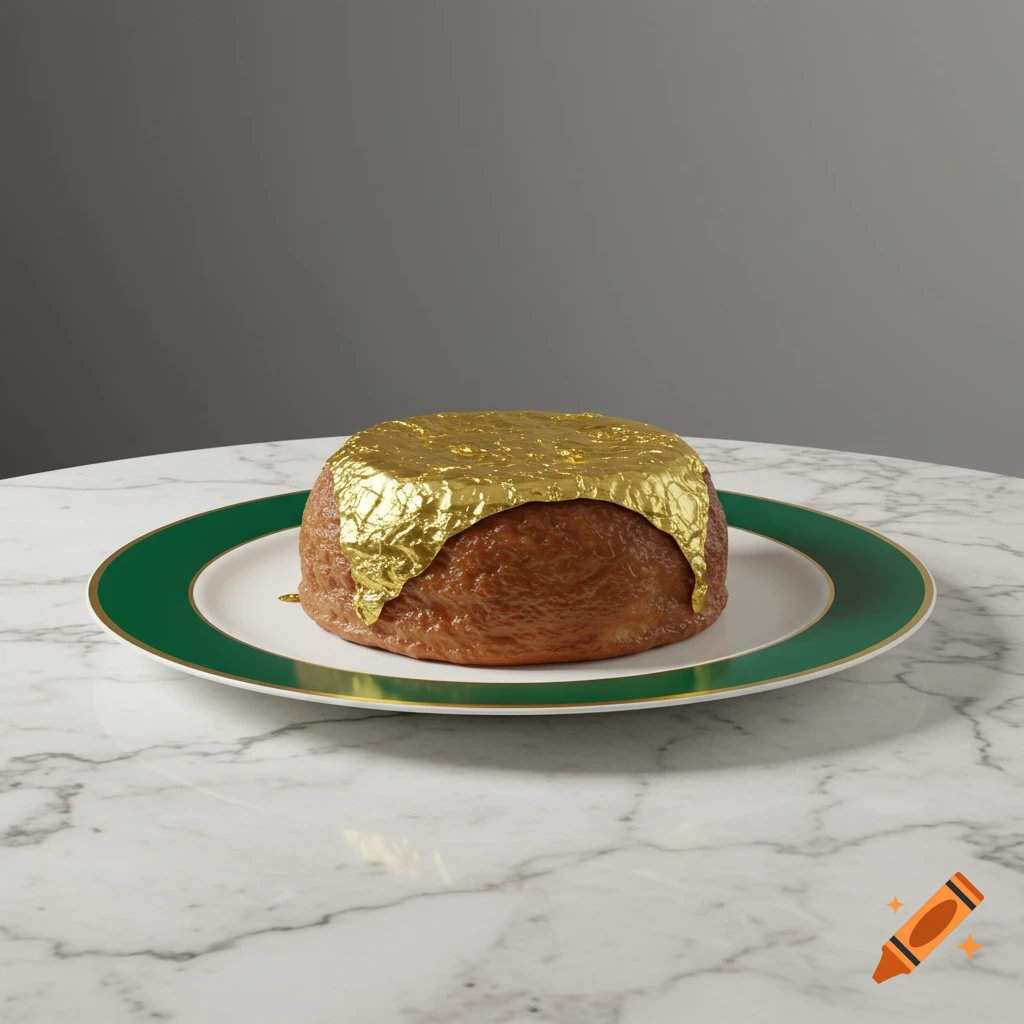 A round, baked dessert or bread covered in crumpled gold foil on a white plate with a green and gold rim, set on a marble table.