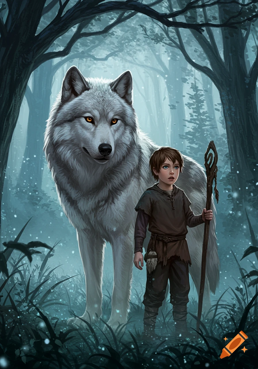 A boy with a staff stands next to a large white wolf in a magical, misty forest at twilight.