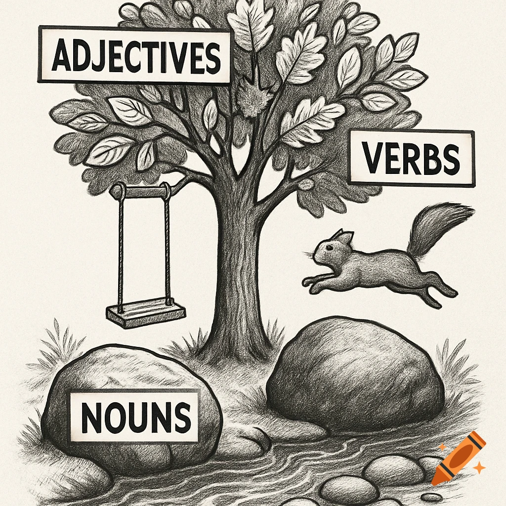 Black and white pencil drawing of a tree, squirrel, and rocks with signs labeled 'ADJECTIVES,' 'VERBS,' and 'NOUNS.'