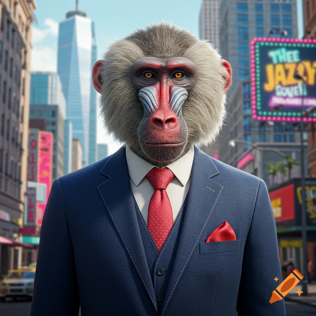 A serious baboon in a blue suit and red tie stands in a busy city street with neon signs.