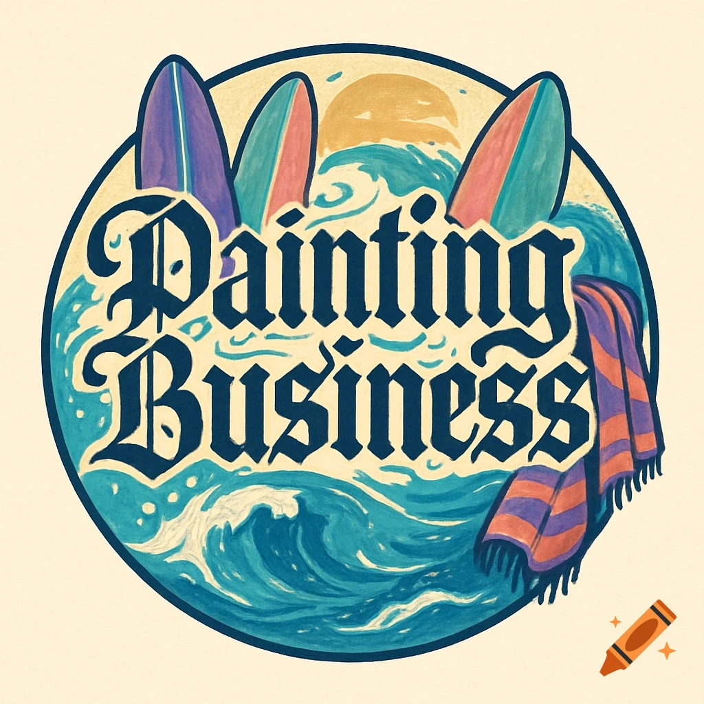 Circular logo in 90s surf style with 'Painting Business' text, surfboards, waves, sun, and a striped towel.