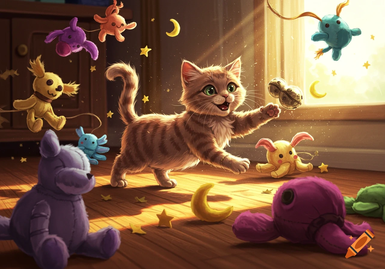 A fluffy tabby kitten with green eyes plays with colorful plush toys and moon shapes on a wooden floor in a sunlit room.