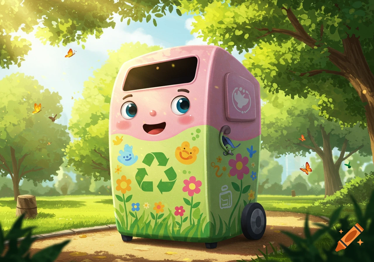 A happy, cartoon pink and green recycling bin, decorated with flowers and a recycling symbol, in a sunny park with trees and butterflies.