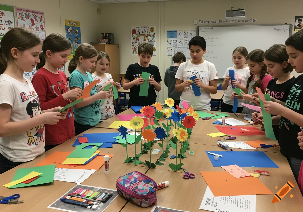 Children in a bright classroom making paper flowers with colorful construction paper and glue sticks around a table.