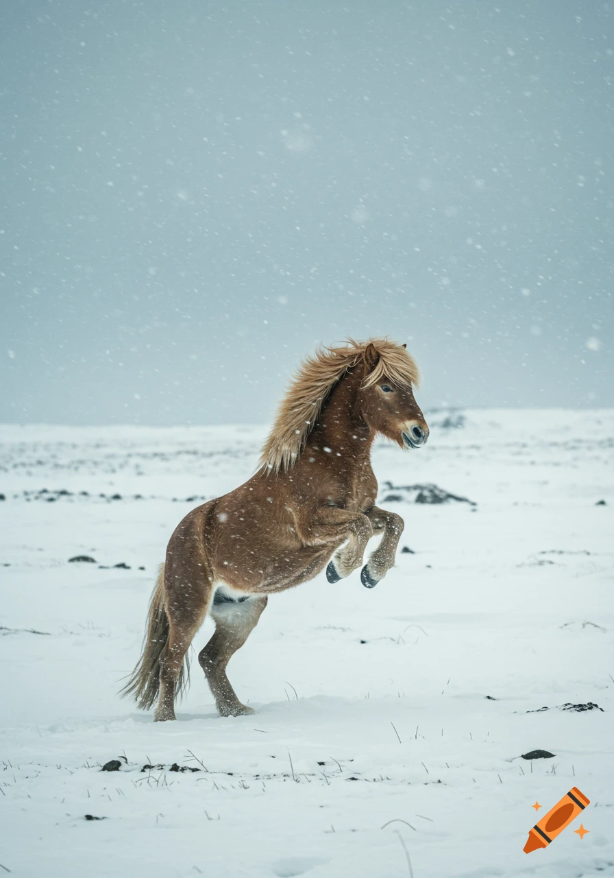A shaggy brown Icelandic horse rears up in a snowy field with falling snow, photorealistic.