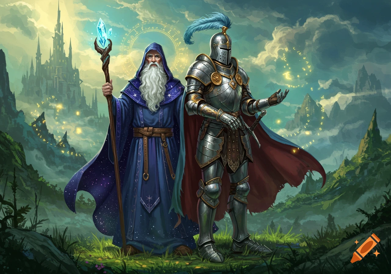 A wizard holding a glowing staff stands next to an armored knight in a detailed fantasy landscape with a castle and glowing runes.