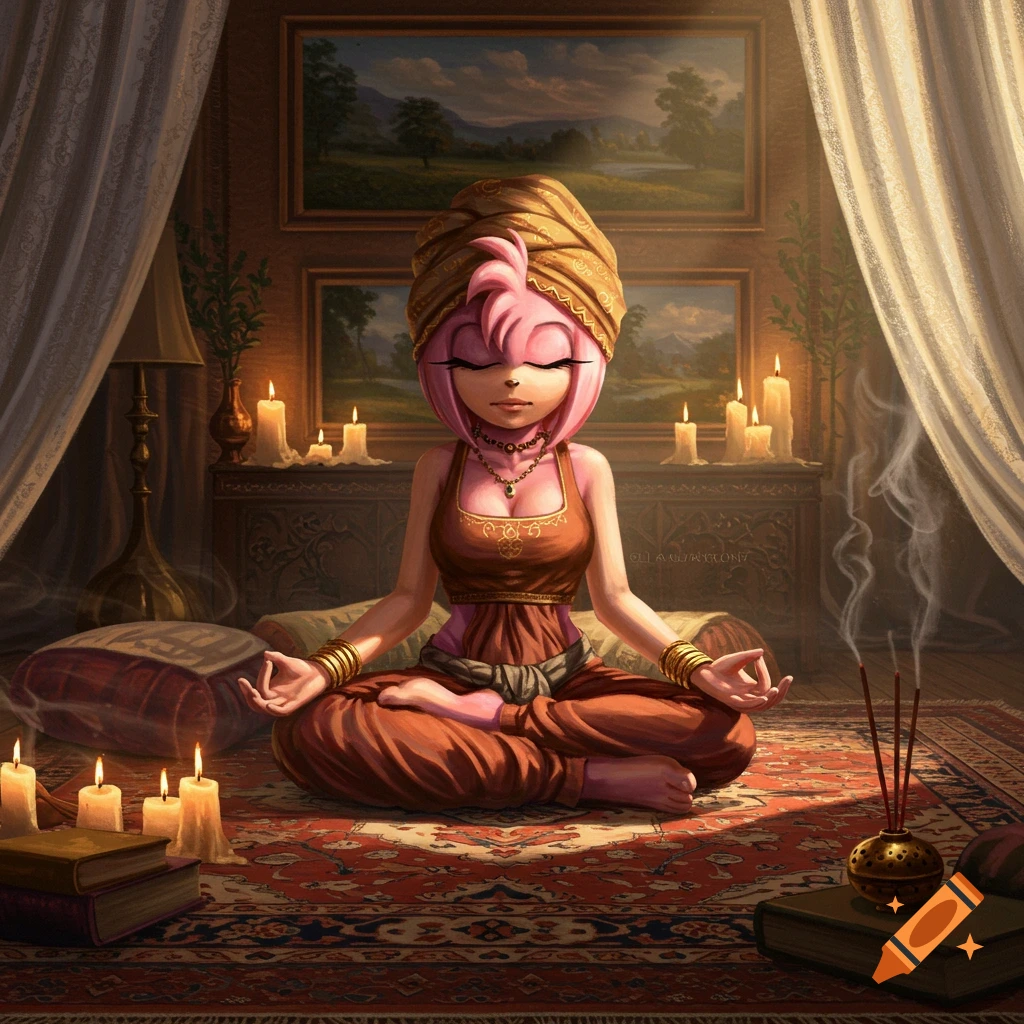 Amy Rose, a pink hedgehog, meditates in a lotus pose with a turban and robes in an ornate, candle-lit room, digital art.