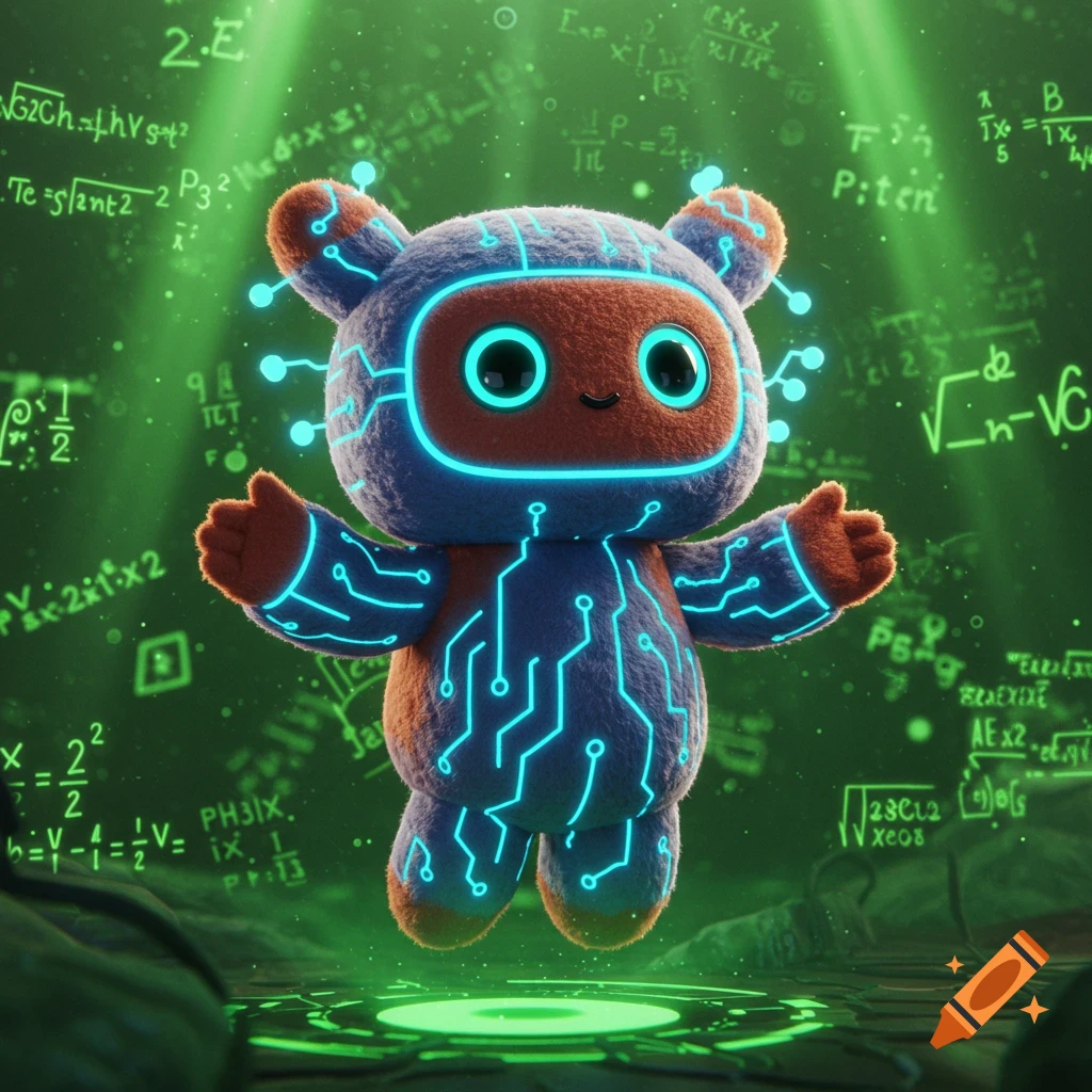 A fluffy blue and orange robot with glowing circuit lines and big black eyes floats in a green background filled with glowing mathematical equations.