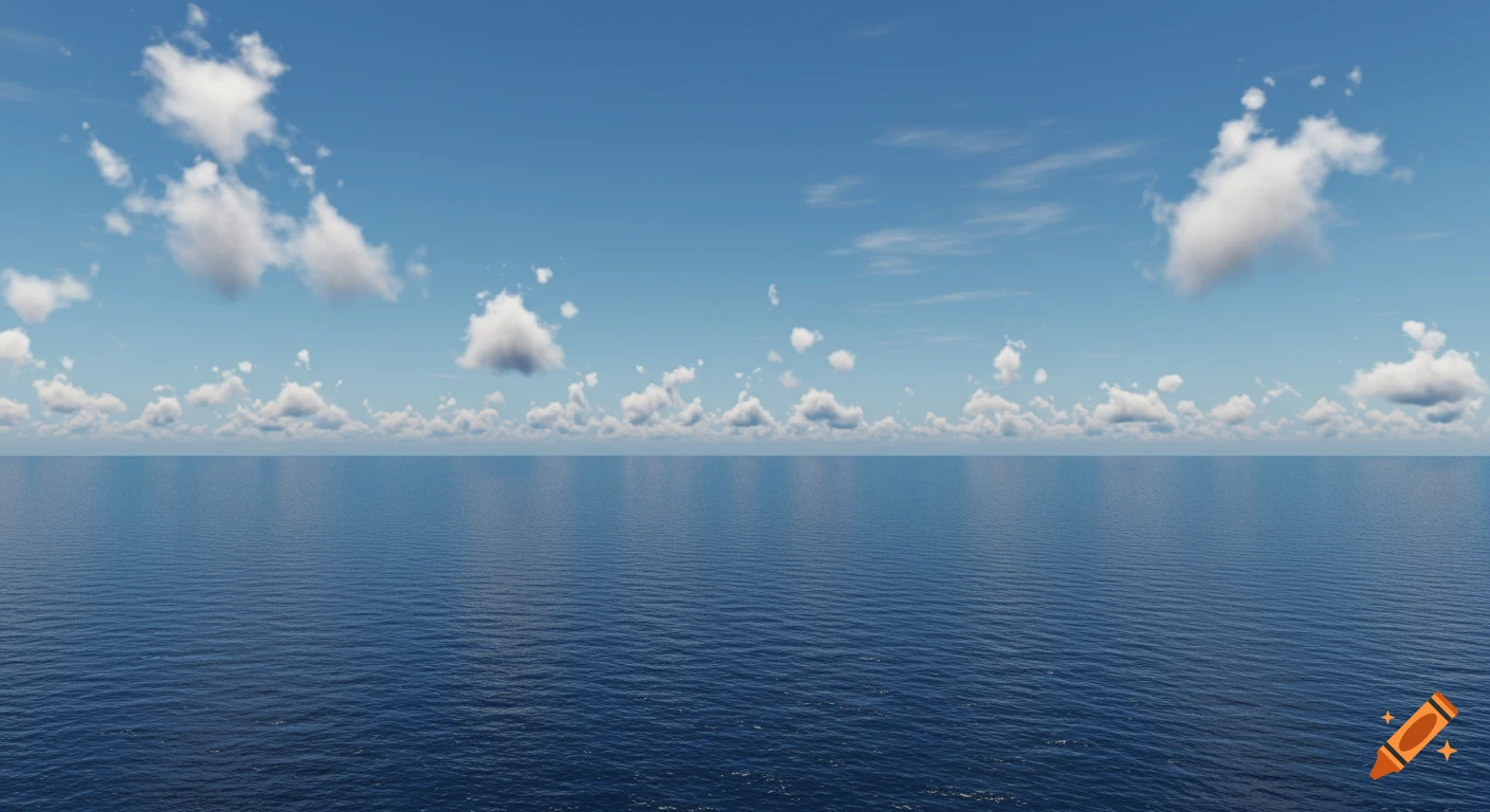 A vast, calm, dark blue ocean meets a bright blue sky with scattered white clouds at a clear horizon.
