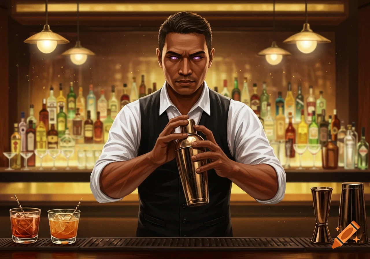 A stylized Pacific Islander bartender with glowing purple eyes, dressed in a white shirt and black vest, shakes a gold cocktail shaker behind a well-stocked bar.