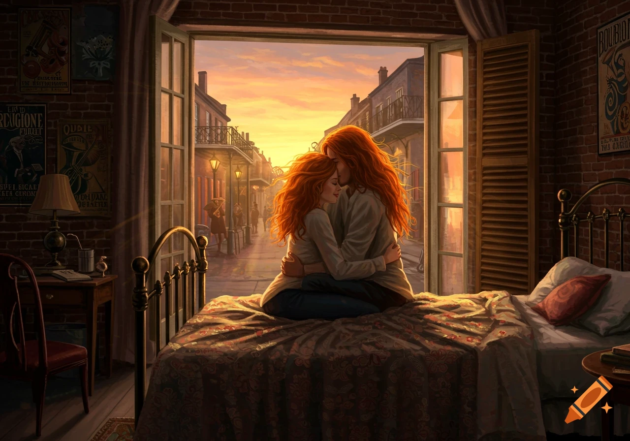 Two red-haired women hug intimately on a bed, looking out an open window onto a vibrant New Orleans street at sunset.