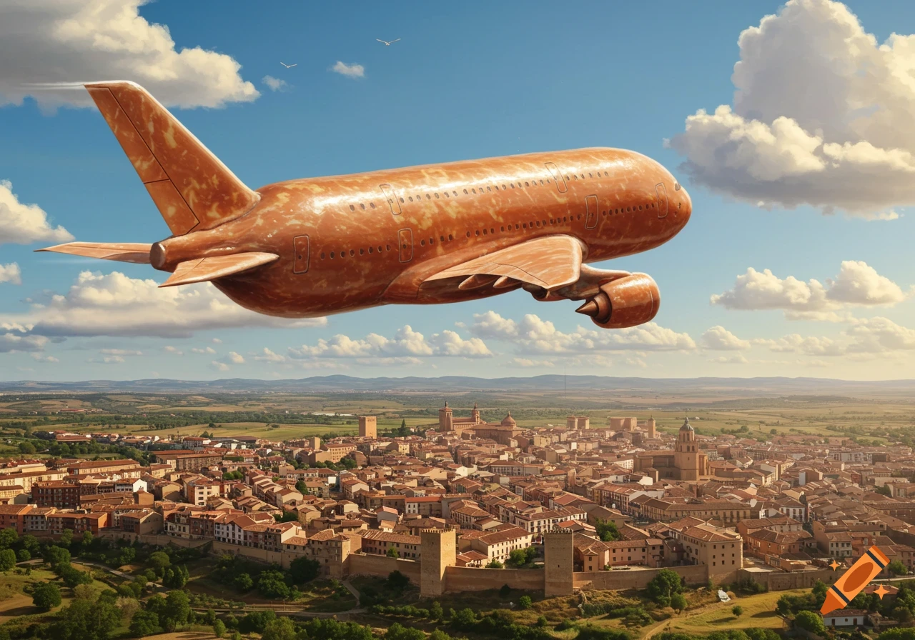 A giant sausage-shaped airplane flies high over a European city with red-tiled roofs and a green landscape.
