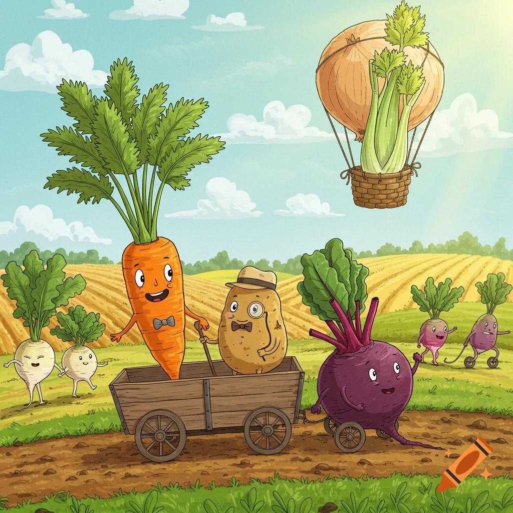 A cartoon scene of anthropomorphic vegetables transporting each other in a field, with a celery hot air balloon.