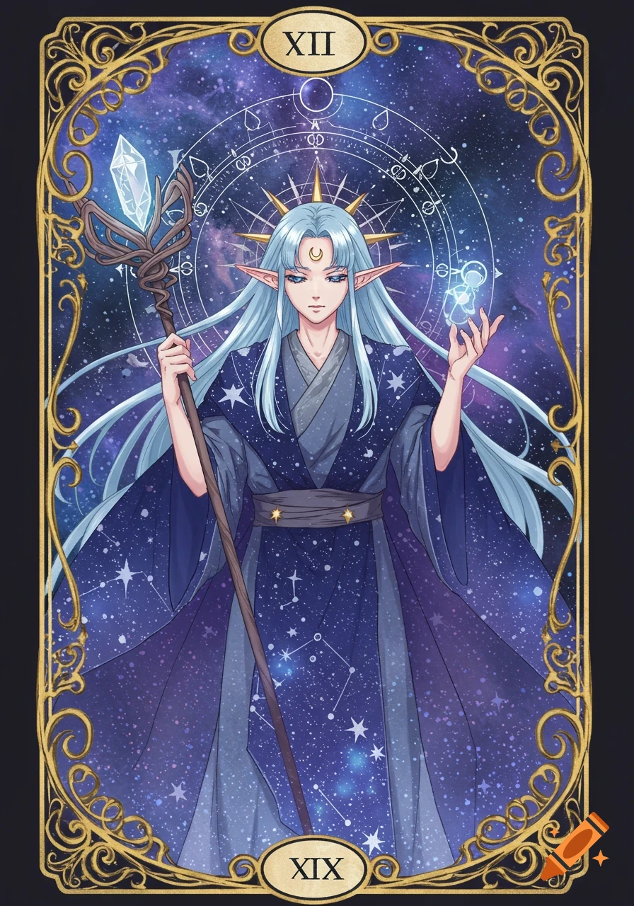 Anime tarot card featuring an elf with long blue hair, holding a crystal staff and glowing orb against a cosmic background, framed by ornate gold.