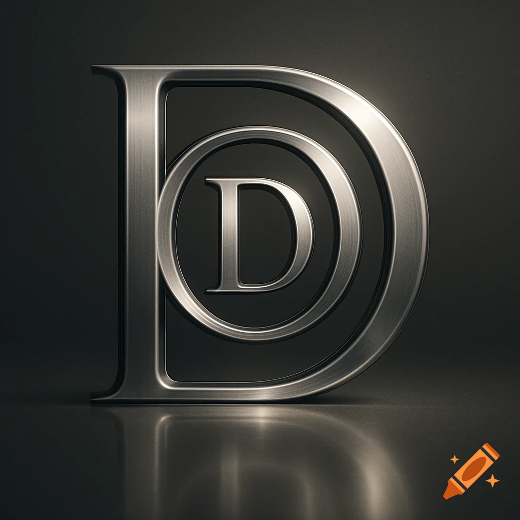 A stylized metallic letter D, with a smaller metallic ring inside, which encloses an even smaller metallic letter D, on a reflective dark surface.