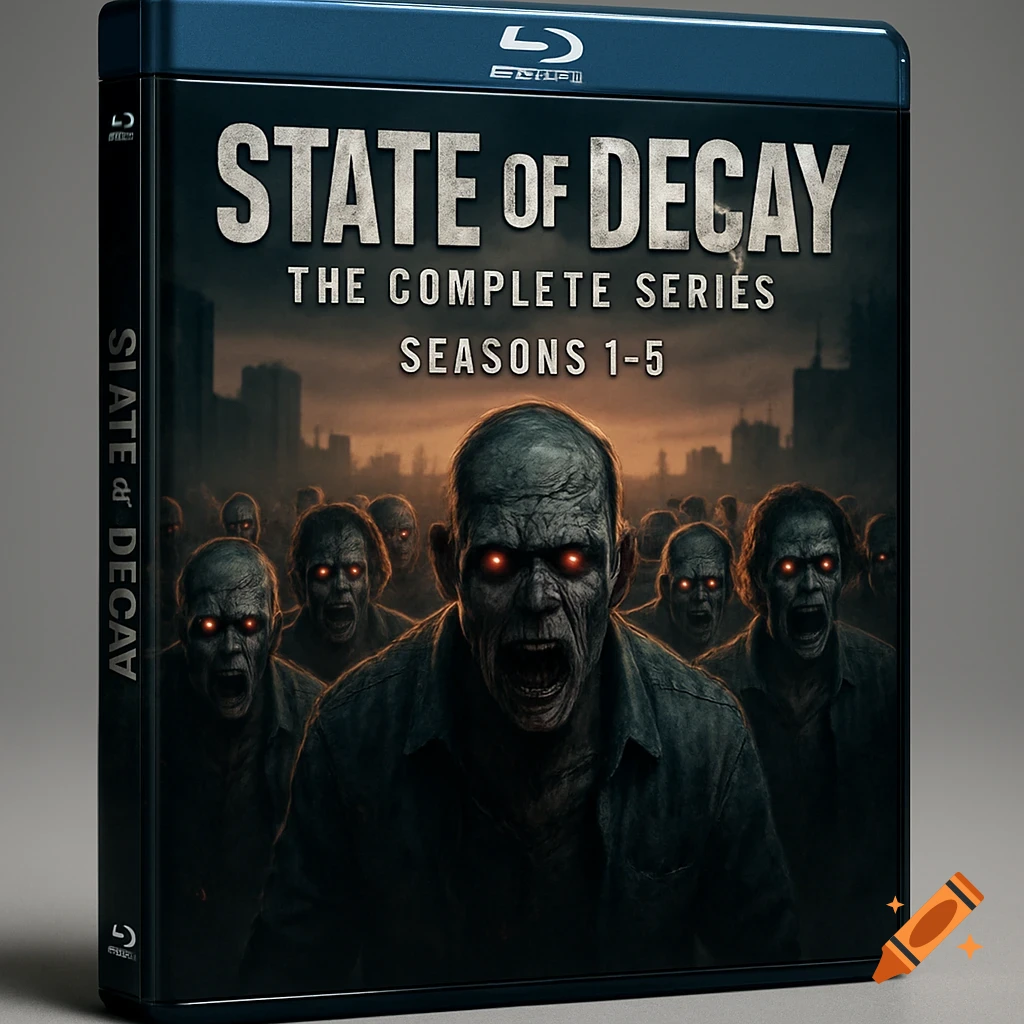 Photorealistic Blu-ray box set for 'State of Decay: The Complete Series Seasons 1-5' featuring a horde of decaying zombies with glowing red eyes.