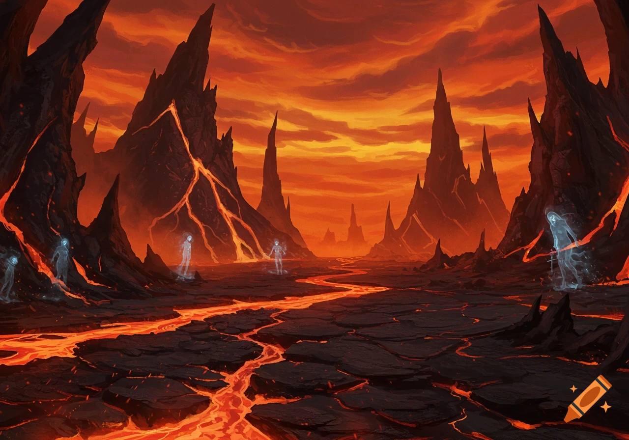 A desolate, hellish landscape with jagged, dark mountains, flowing rivers of lava, and glowing ghostly figures under a fiery orange and red sky.