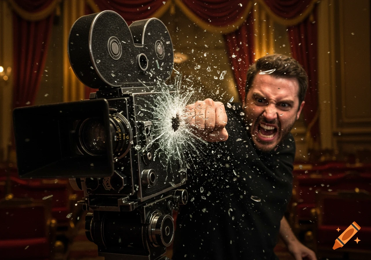 An angry man punches and shatters a vintage film camera in a dramatic, photorealistic theater scene.