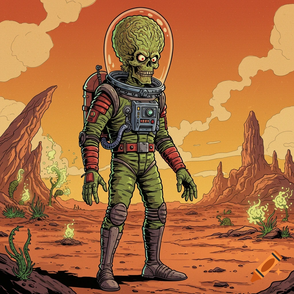 A stylized skull-faced alien in a green spacesuit stands on a red Martian landscape with glowing plants, comic art style.