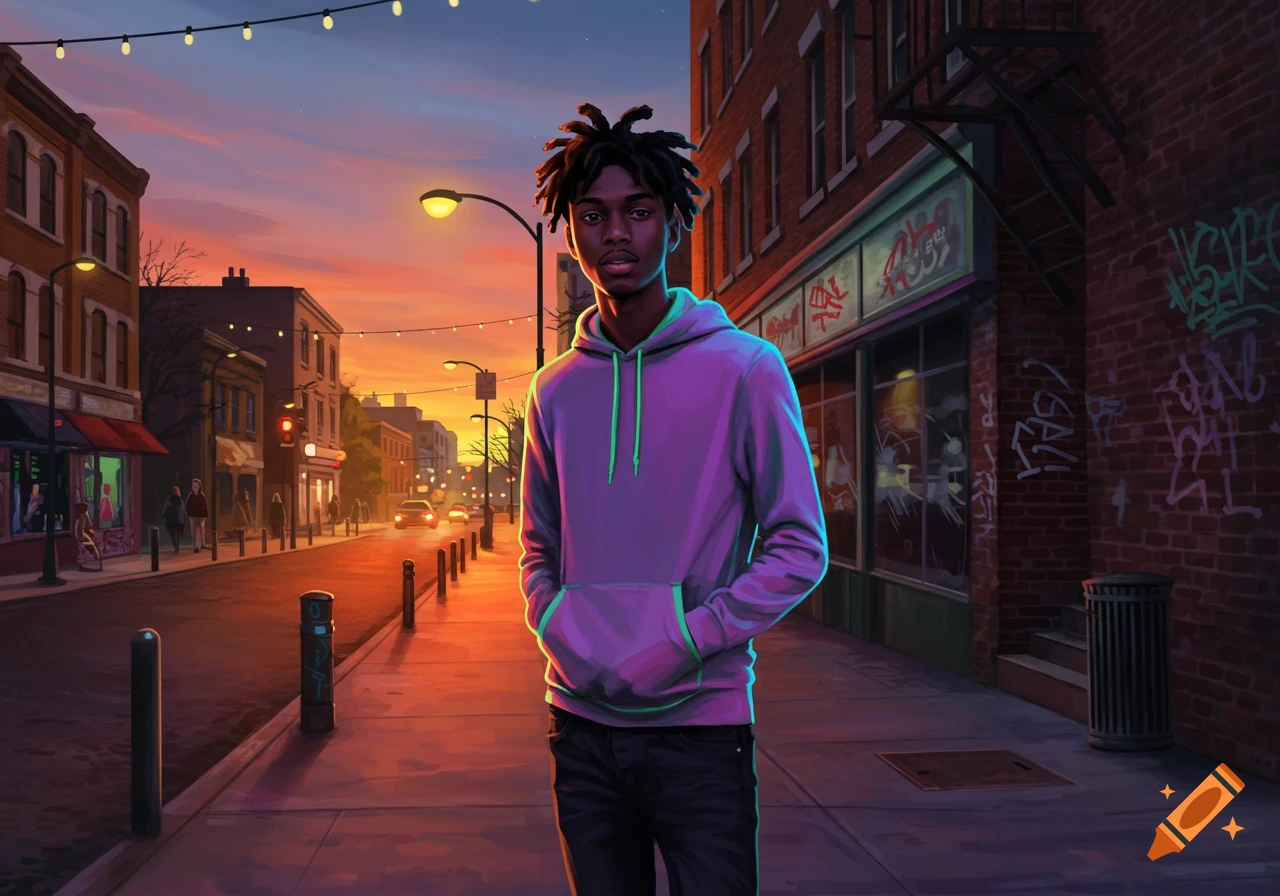 A young Black man with dreadlocks wears a purple hoodie, standing on a city street at sunset in an illustrated style.